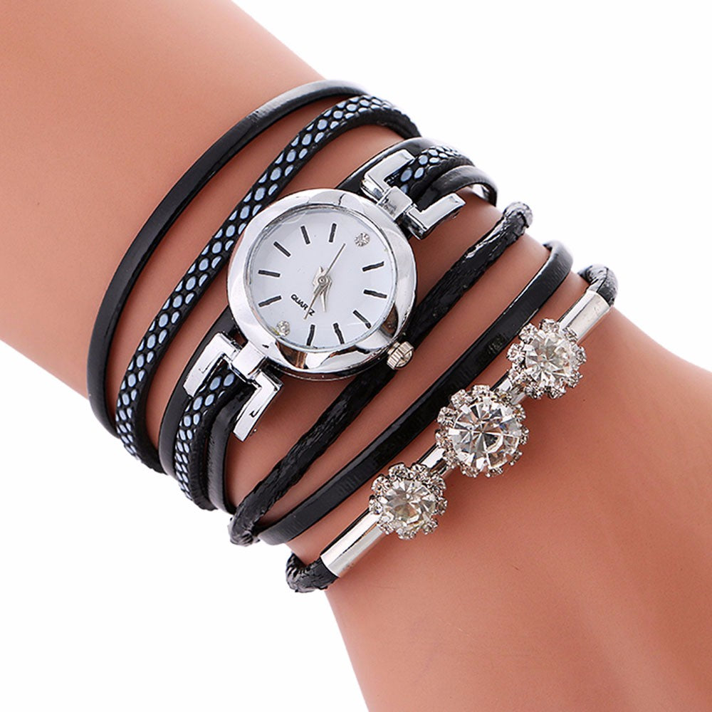 Ceas cu Quartz pentru femei, cu bratara din piele cu strasuri, model casual, un ceas de mana pentru oferit cadou