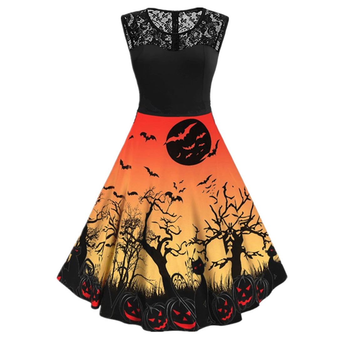 Rochie slim pentru femei, model casual, cu imprimeu ?i modele aplicate din dantela, rochie potrivita pentru petrecerea de halloween