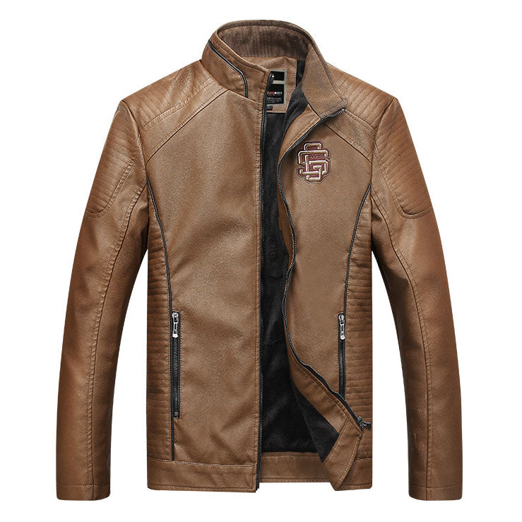Jacheta cool din piele ecologica pentru barbati, cu captuseala din plus, model de iarna la baza gatului, potrivit pentru motociclisti