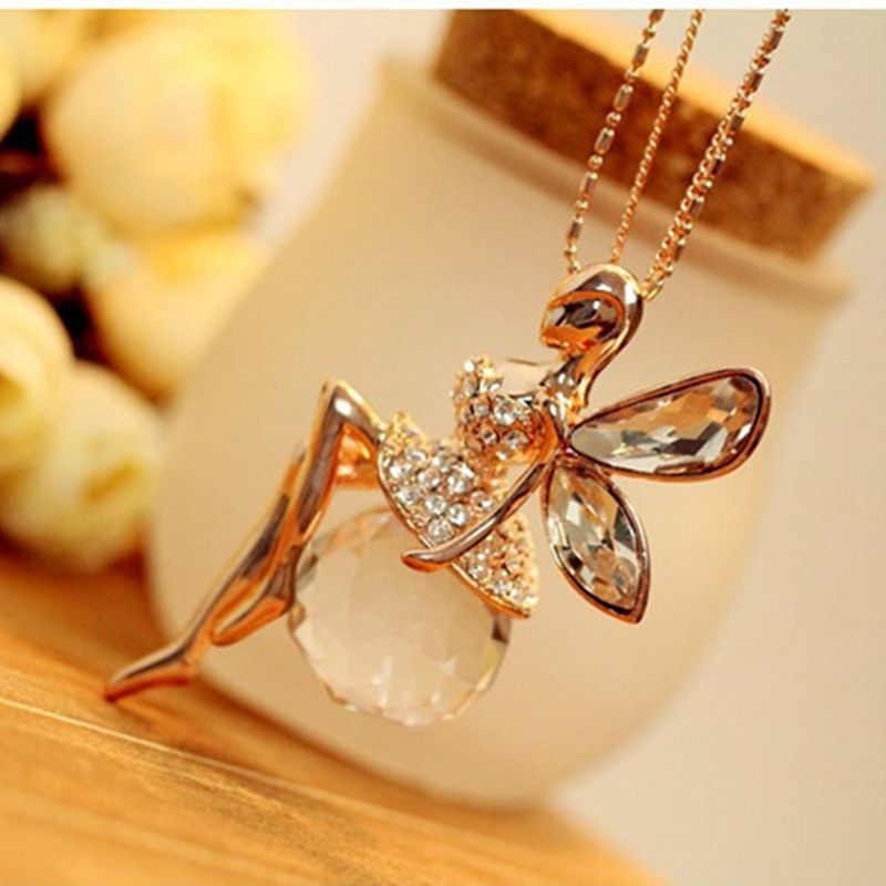 Fashion Women Crystal Fairy Angel Wing Pendant Long Chain Sweater Necklace Gift