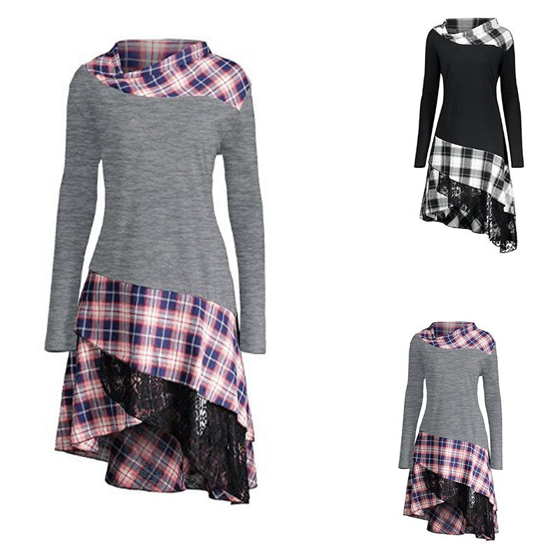 Rochie larga pentru femei, cu model din tartan, maneci lungi, casual ?i forme neregulate