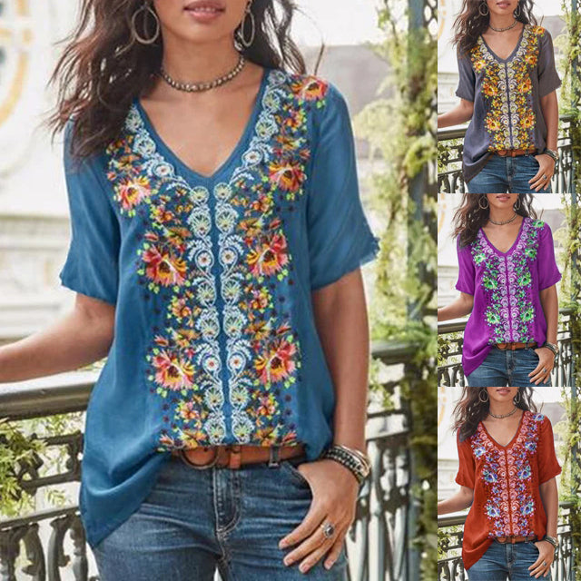 Bluza marime mare pentru femei, cu decolteu in V, cu maneci scurte, bluza cu imprimeu in stil boem