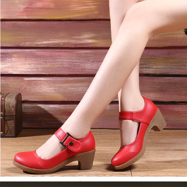 Pantofi cu varf rotund pentru femei, cu talpa flexibila ?i toc gros, de inaltime medie, pantofi de dans