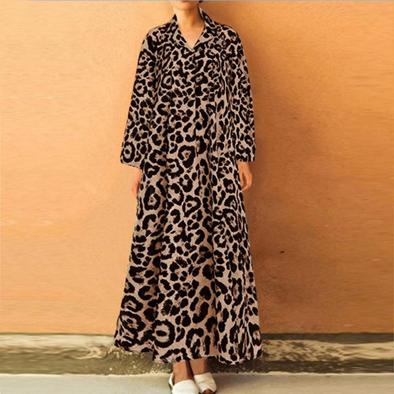 Rochie casual larga pentru femei, de primavara si vara, cu imprimeu leopard si maneca lunga
