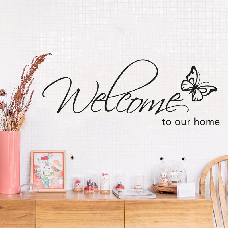 Sticker pentru perete cu fluturi si inscriptie in engleza Welcome To Our Home