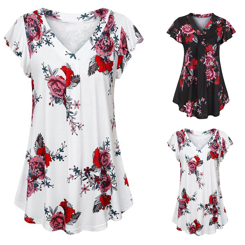 Bluza pentru femei, cu decolteu in V ?i imprimeu floral, tricou cu maneca scurta