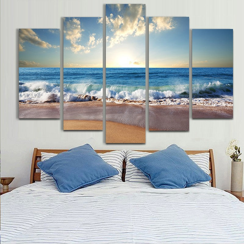 Pictura decorativa pe panza, pentru sufragerie, cu plaja si cer albastru
