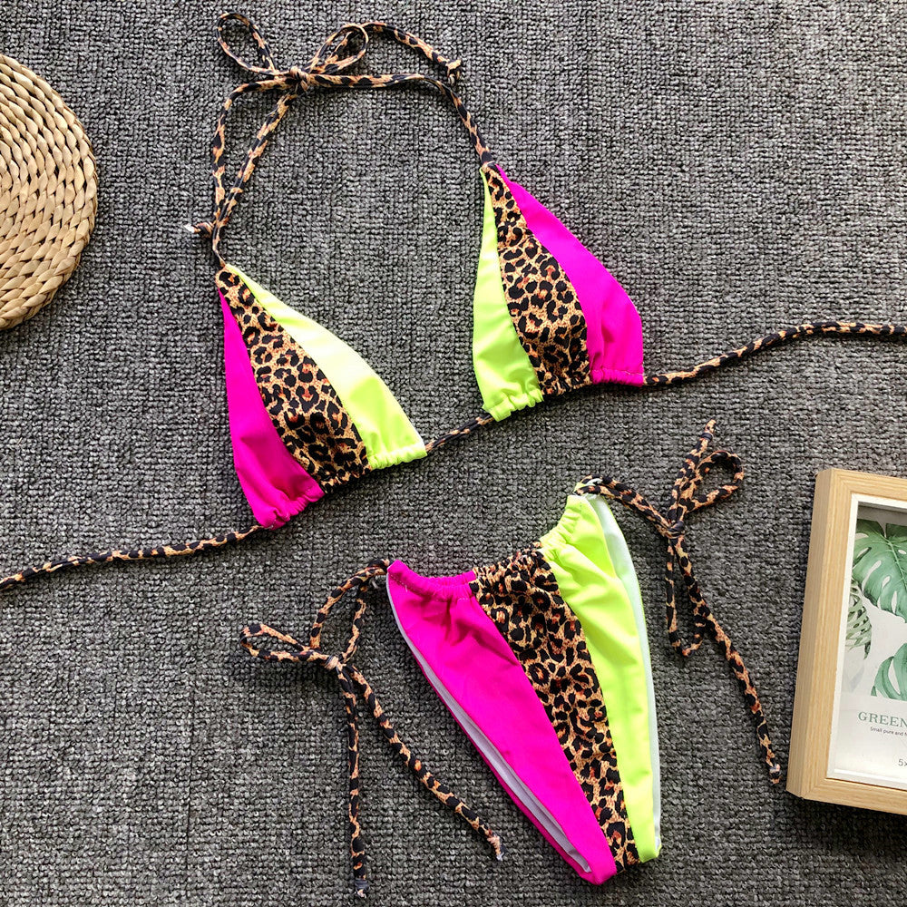 Costum de baie sexy cu imprimeu leopard, cu ?nur dupa gat, bikini de plaja