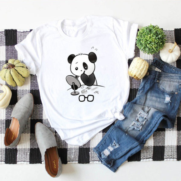 Tricou cu maneca scurta pentru femei, cu imprimeu de panda animat, cu decolteu rotund