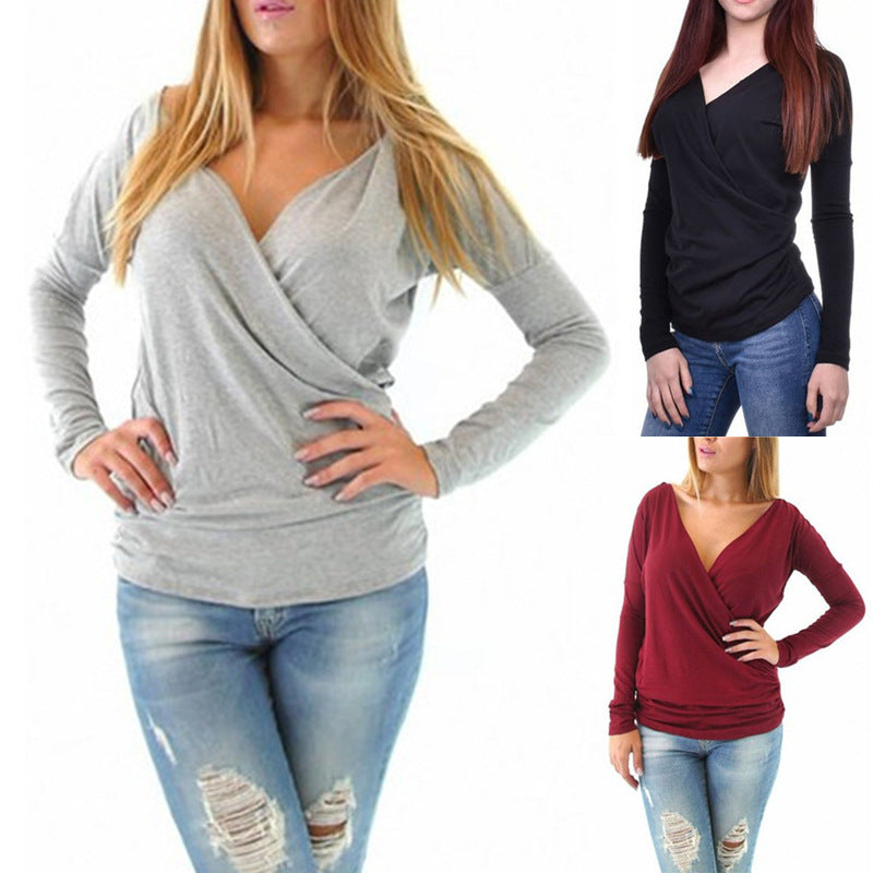 Bluza de vara ?i toamna pentru femei, model nou cu decolteu in V, bluza moderna sexy, casual ?i slim, culoare uni, model asimetric cu maneca lunga