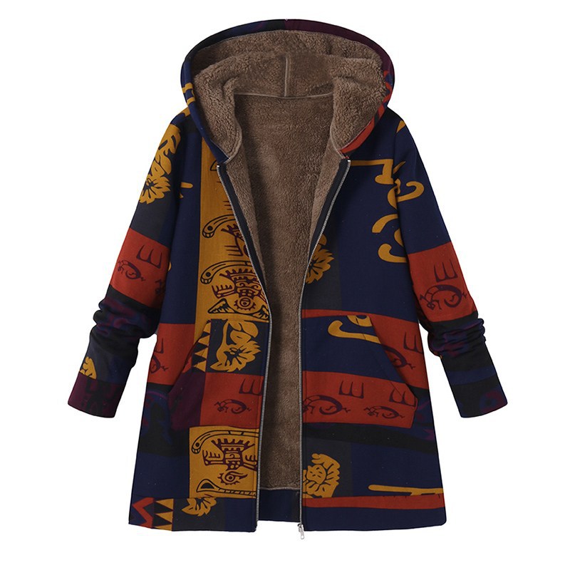 Palton de dama vintage pentru toamna-iarna, cu imprimeu, gluga si maneca lunga