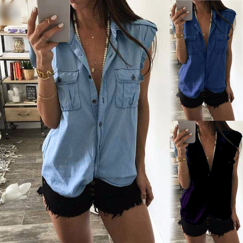 Bluza moderna larga si casual pentru femei, pentru vara si toamna, cu decolteu in V si buzunare, fara maneci, vesta din denim