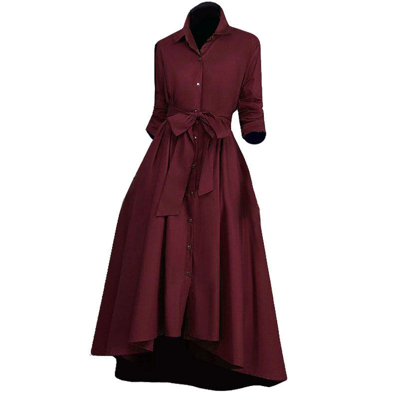 Rochie de toamna si iarna pentru femei, model elegant si modern in culoare uni, cu maneca lunga si funda, potrivita pentru dineu
