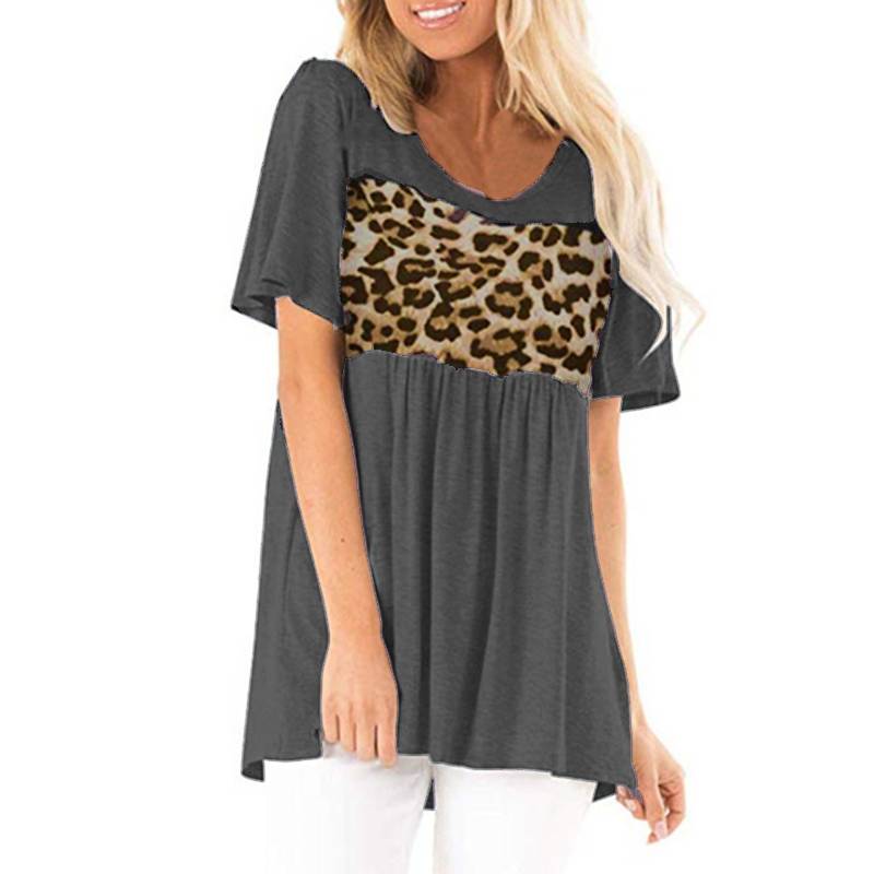 Bluza casual pentru femei, cu maneca scurta ?i imprimeu leopard