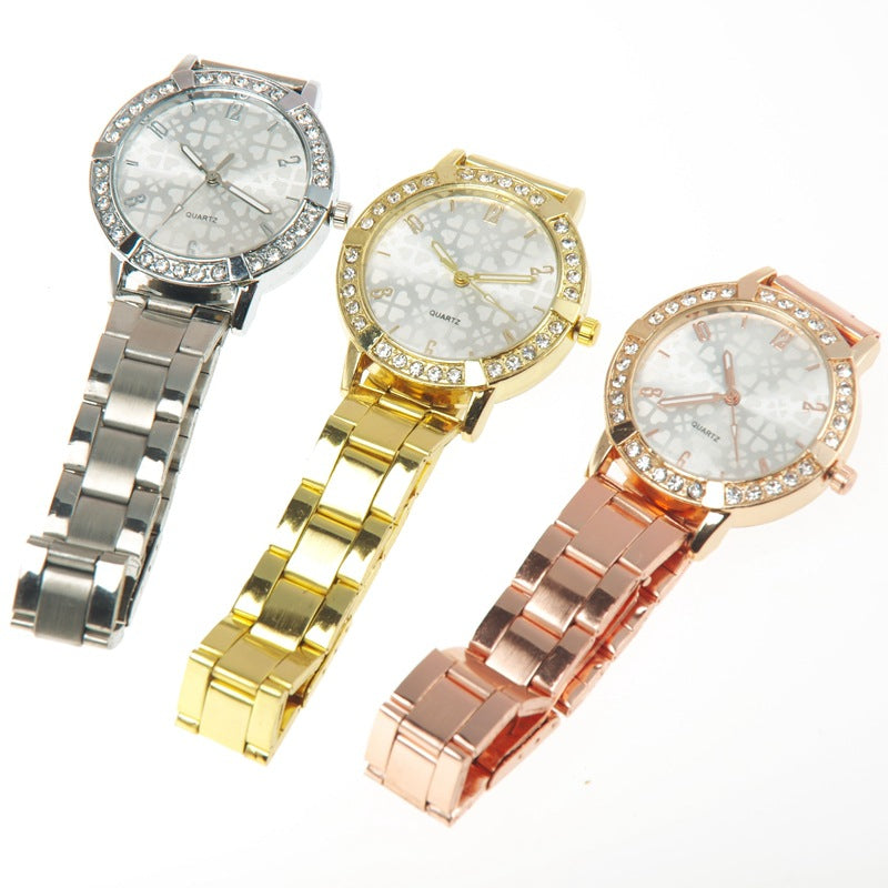 Women Fashionable Insert Rhinestone Steel Belt Watch Casual Quartz Watch