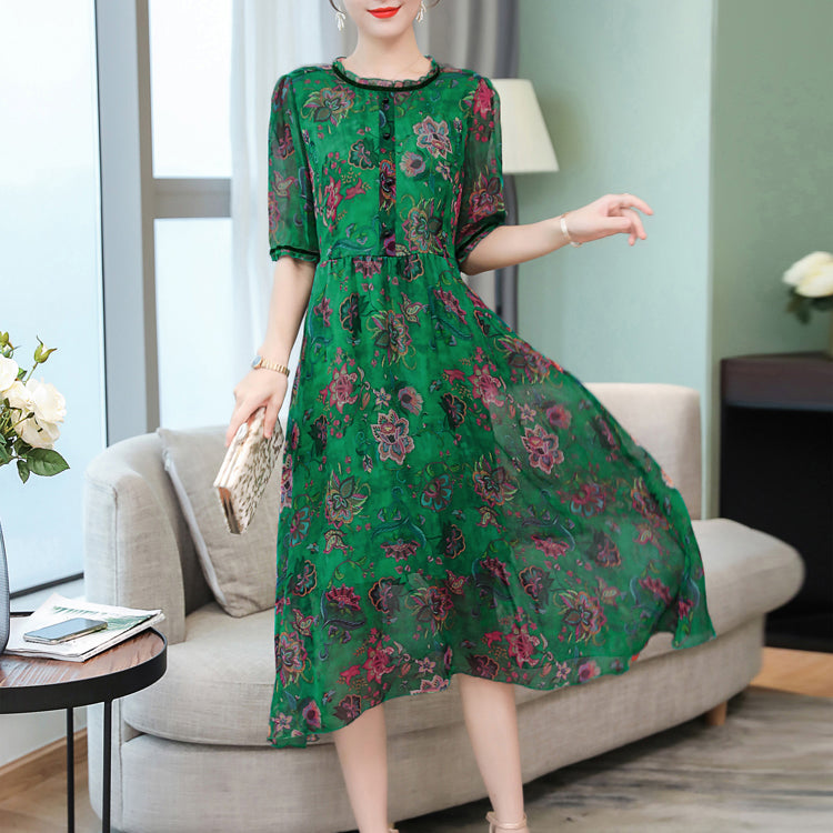 Rochie midi de culoare verde, cu imprimeu floral, cu volane si maneca scurta, din sifon