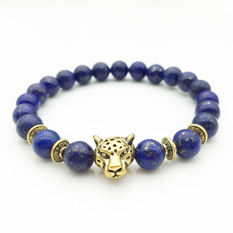Bratara unisex din margele, piatra lapis lazuli, cu pandantiv cap de leu