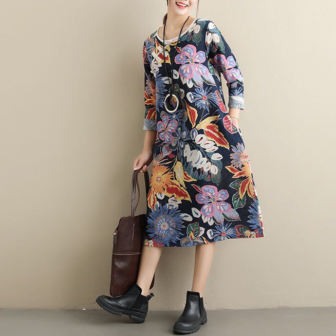 Rochie din bumbac ?i in, cu imprimeu floral, buzunare ?i maneca lunga