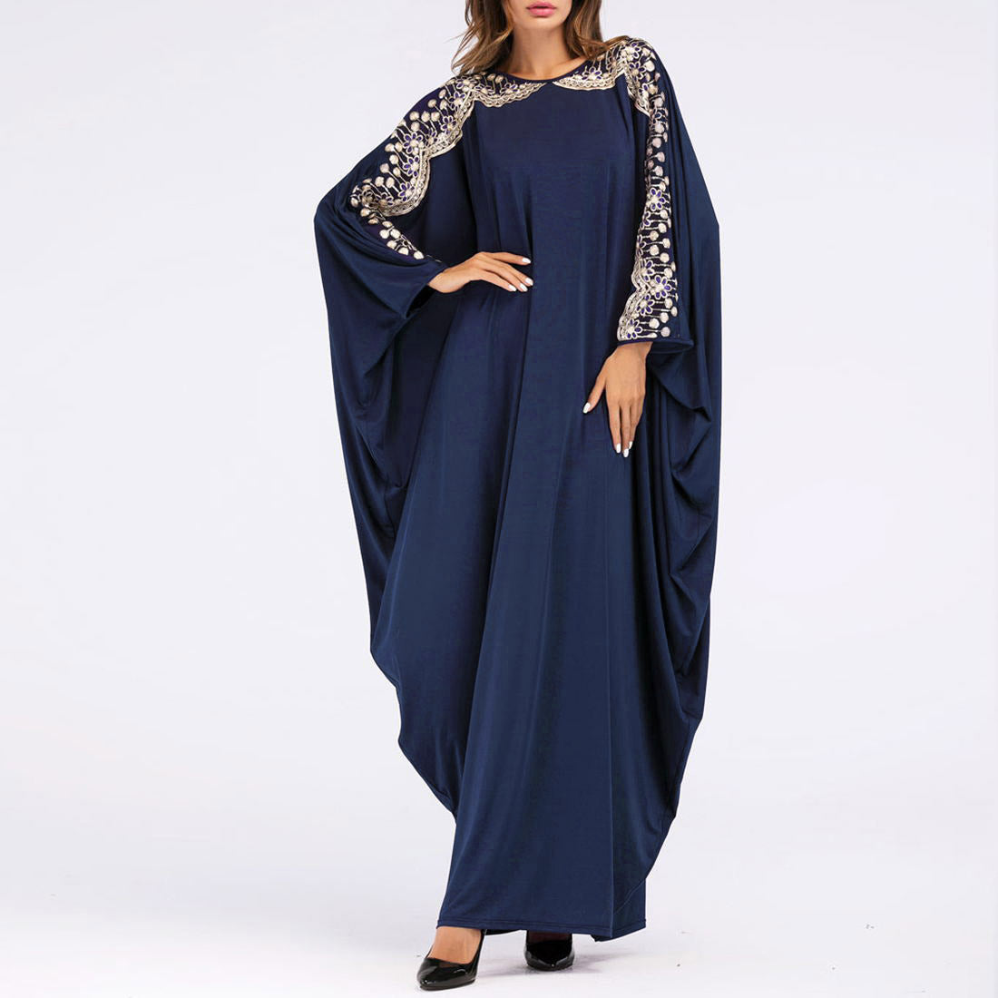 Rochie in stil musulman pentru femei, cu maneca liliac ?i imprimeu, marime mare, rochie lunga