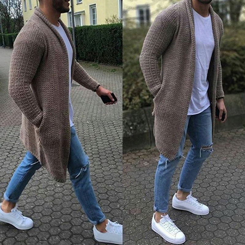 Cardigan lung cu maneca lunga pentru barbati, jacheta groasa tricotata din lana ?i acril