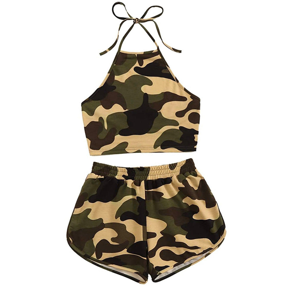 Set sexy pentru femei, cu imprimeu camuflaj, cu top si pantaloni scurti cu elastic in talie