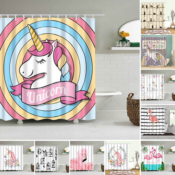 Perdea de baie/dus rezistenta la apa, cu 12 carlige, din poliester, cu imprimeu simpatic de unicorn, dimensiuni 180x180 cm