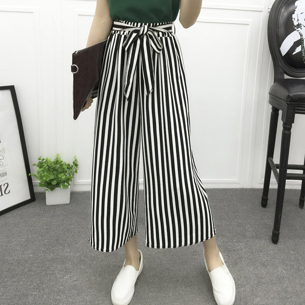 Cotton,strip/plaid/polka dots,elasticable,eight-point-long,high-waist,wide-legged trousers