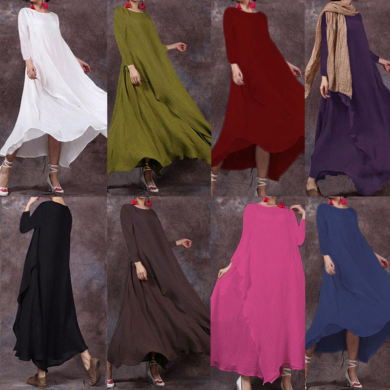 Rochie lunga din in si bumbac pentru femei, culoare uni, cu decolteu rotund, cu maneci lungi, rochie cu forma neregulata
