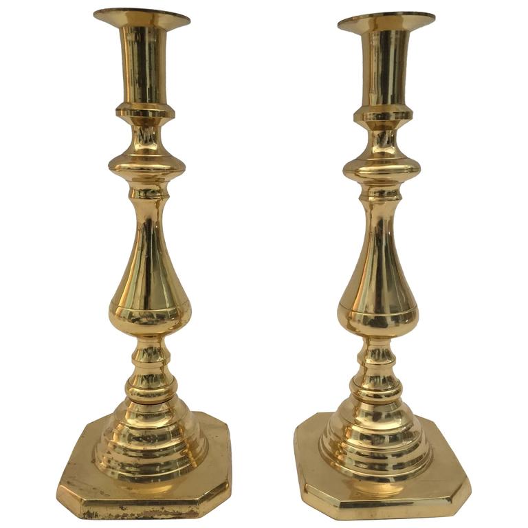 19th C. Pair of Victorian English Brass Beehive Candlesticks - E