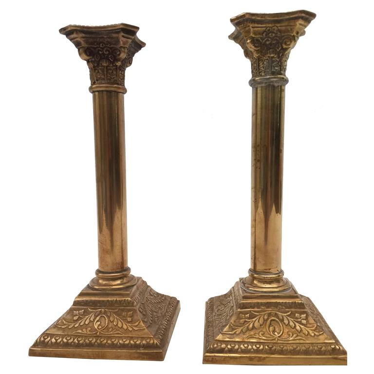 Pair Of Georgian Antique Push Up Brass Candlesticks