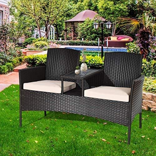 Tangkula Outdoor Rattan Loveseat, Patio Conversation Set with Cushions & Table, Modern Patio Furniture Set Wicker Sofa Set with Built-in Coffee Table, Rattan Sofas for Garden Lawn Backyard