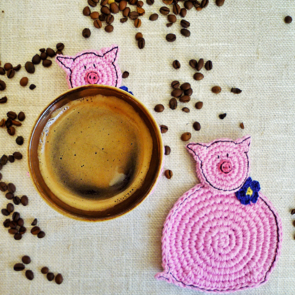 Pink Pig Crochet Coasters Pig Kitchen Decor MonikaCrochet