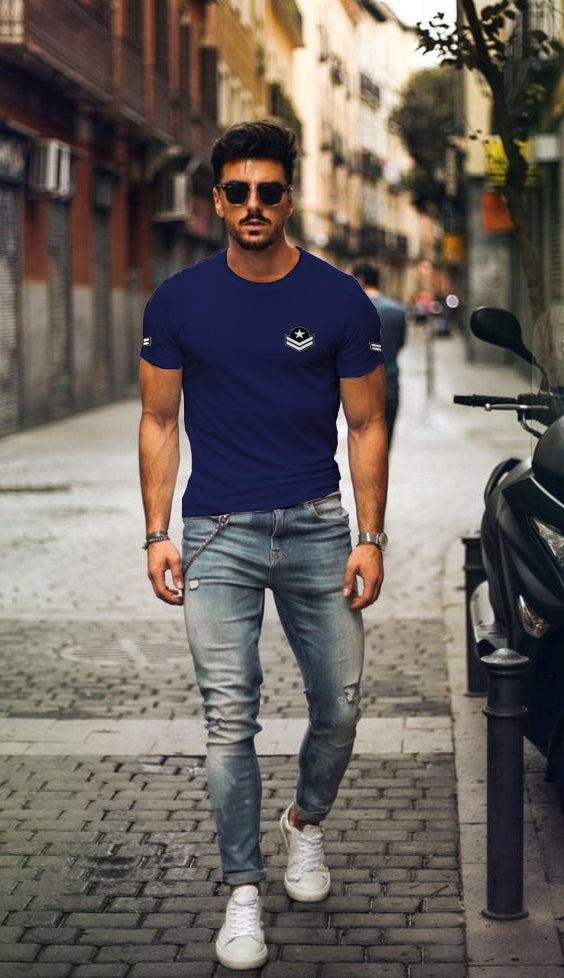 Navy Blue Trending Printed Cotton T Shirt For Men by LAZYCHUNKS–  