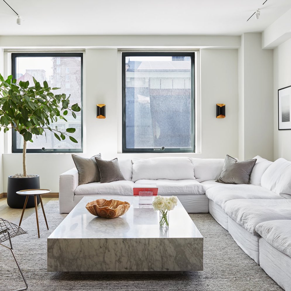 Nature-inspired living room with marble coffee table and white cloud couch