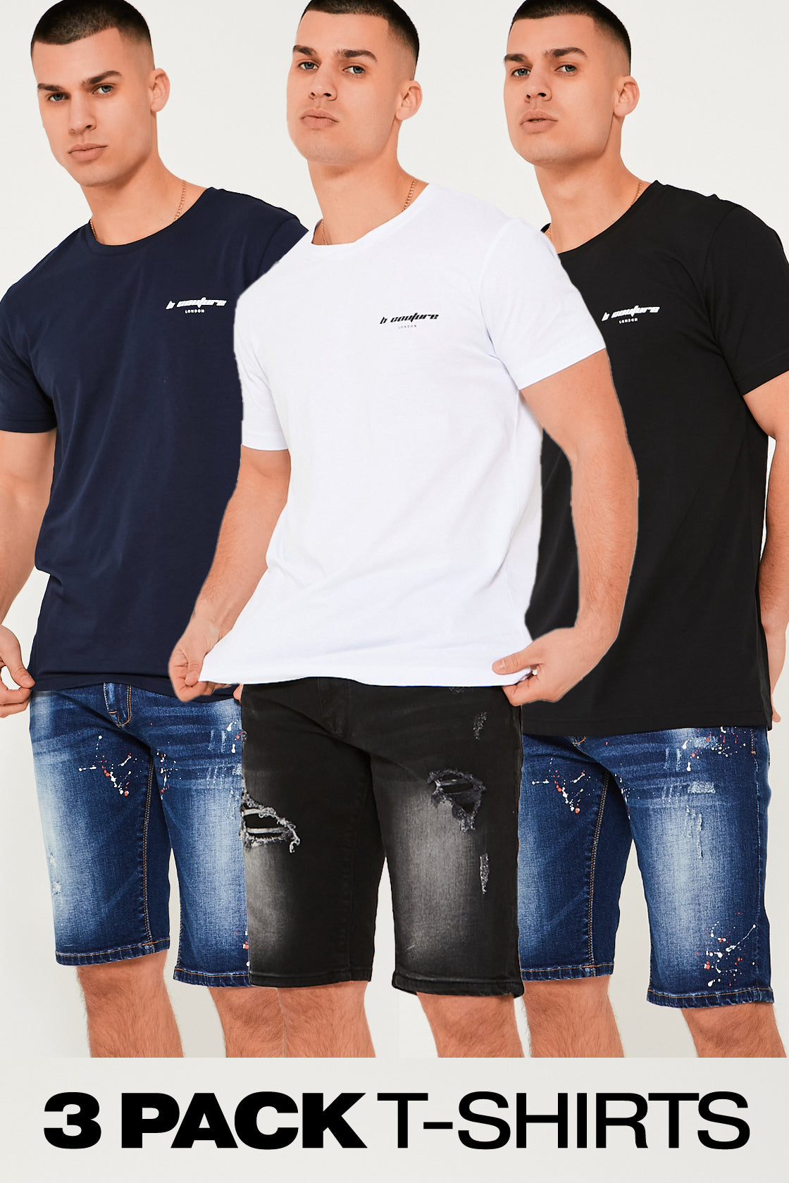 Image of Longmoore 3-Pack Regular Cotton T-Shirt - Black/Navy/White