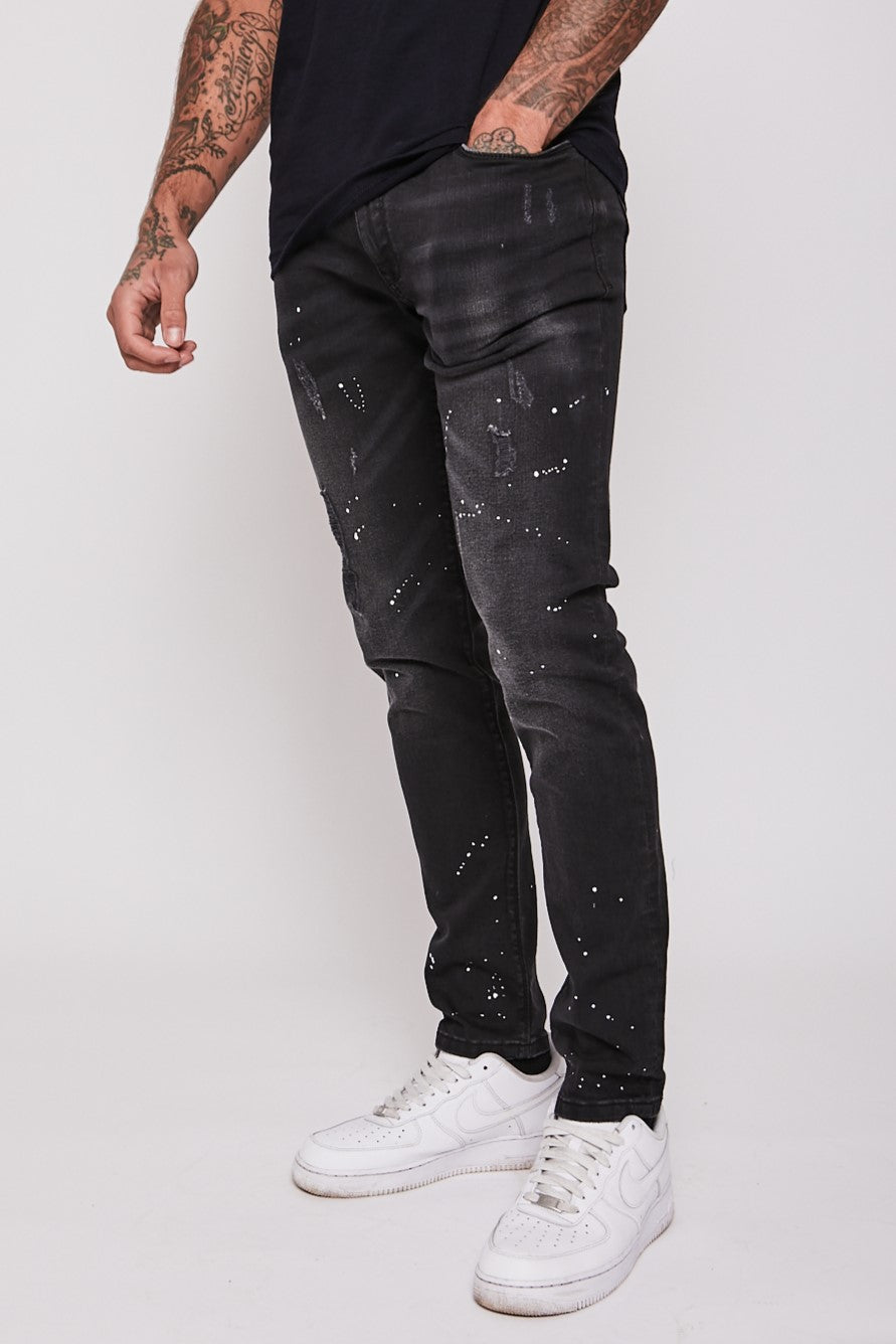 2Y Men Slim Fit Ripped Destroyed Paint Mini Bars Jeans - Black