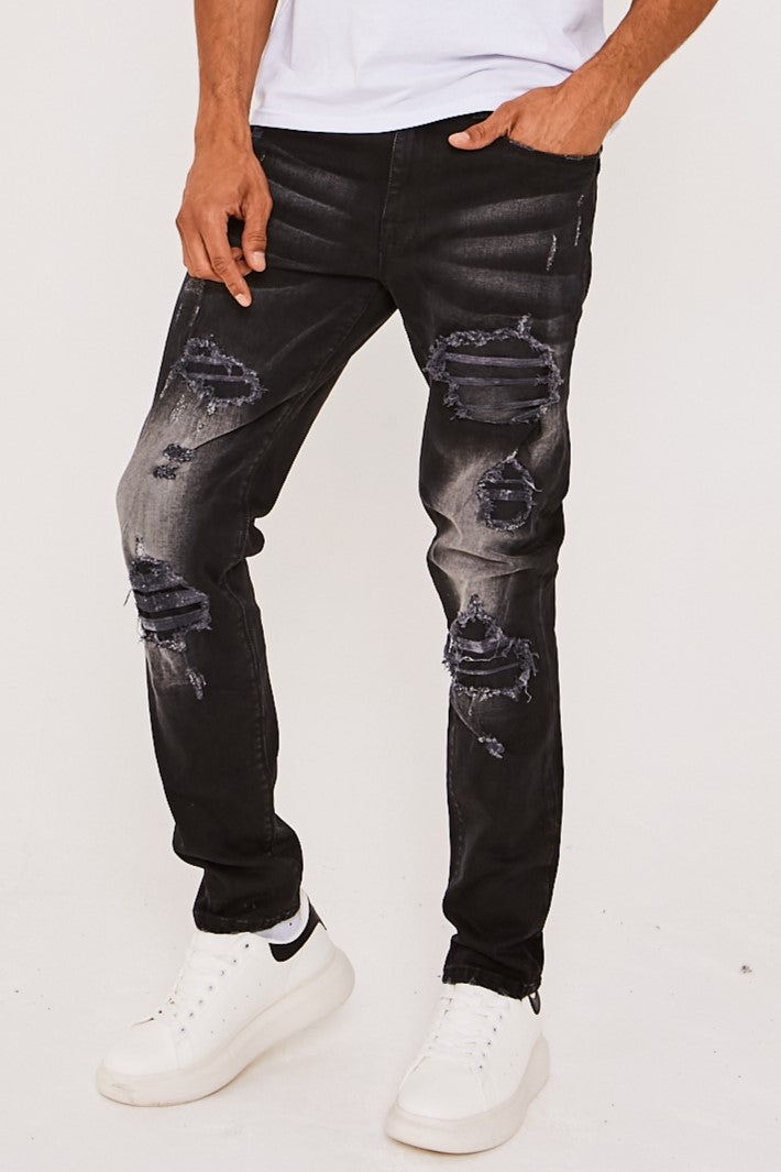 Mens Jeans Tapered Slim Black Paint Splatter Ripped Distressed