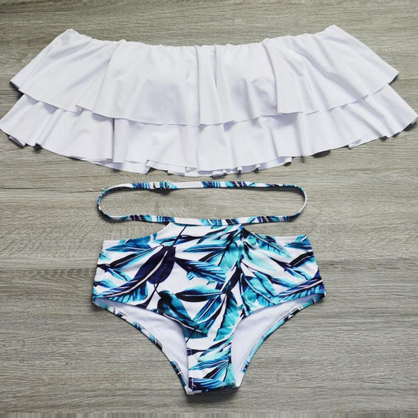 “Getaway” off the shoulder ruffle high waist 2 piece bikini swimsuit set (1462458515499)