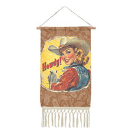 Howdy Vintage Cowgirl Western Wall Decor Linen Hanging Poster with Fringe Made in America