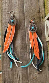 3D Print Feather Concho Leather Fringe Boho Earrings Made in America