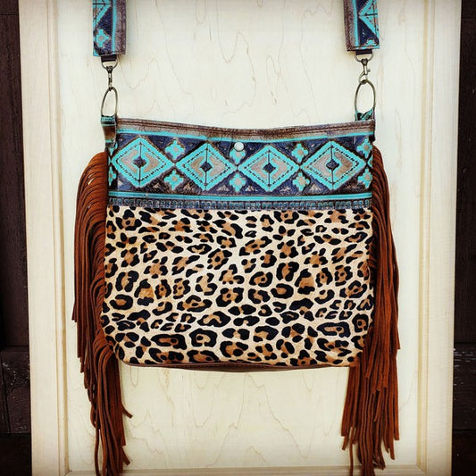 Turquoise Leather Bag With Fringe Detail - Small & Round – Indian Headdress  - Novum Crafts
