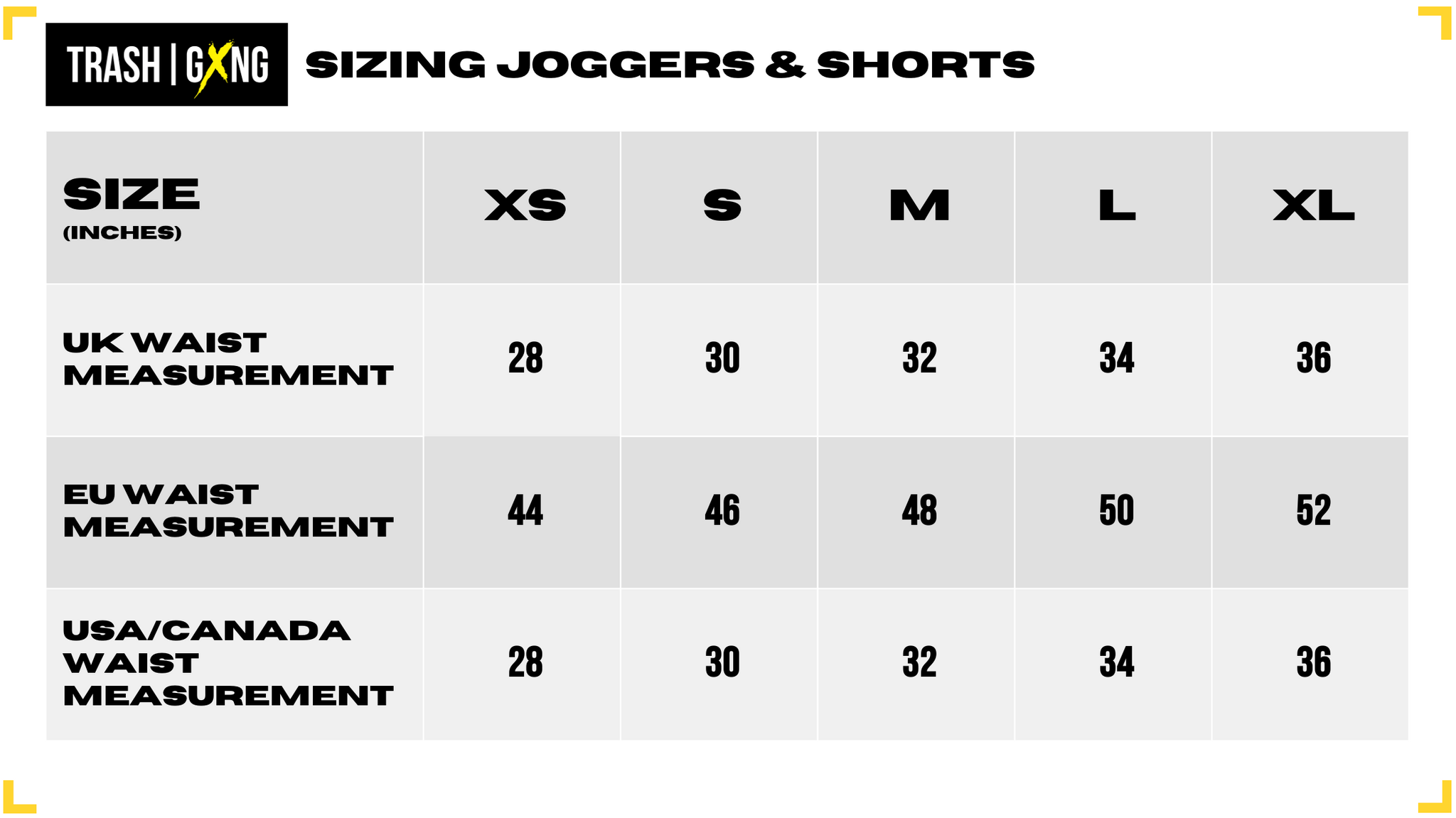 Joggers and shorts size guide