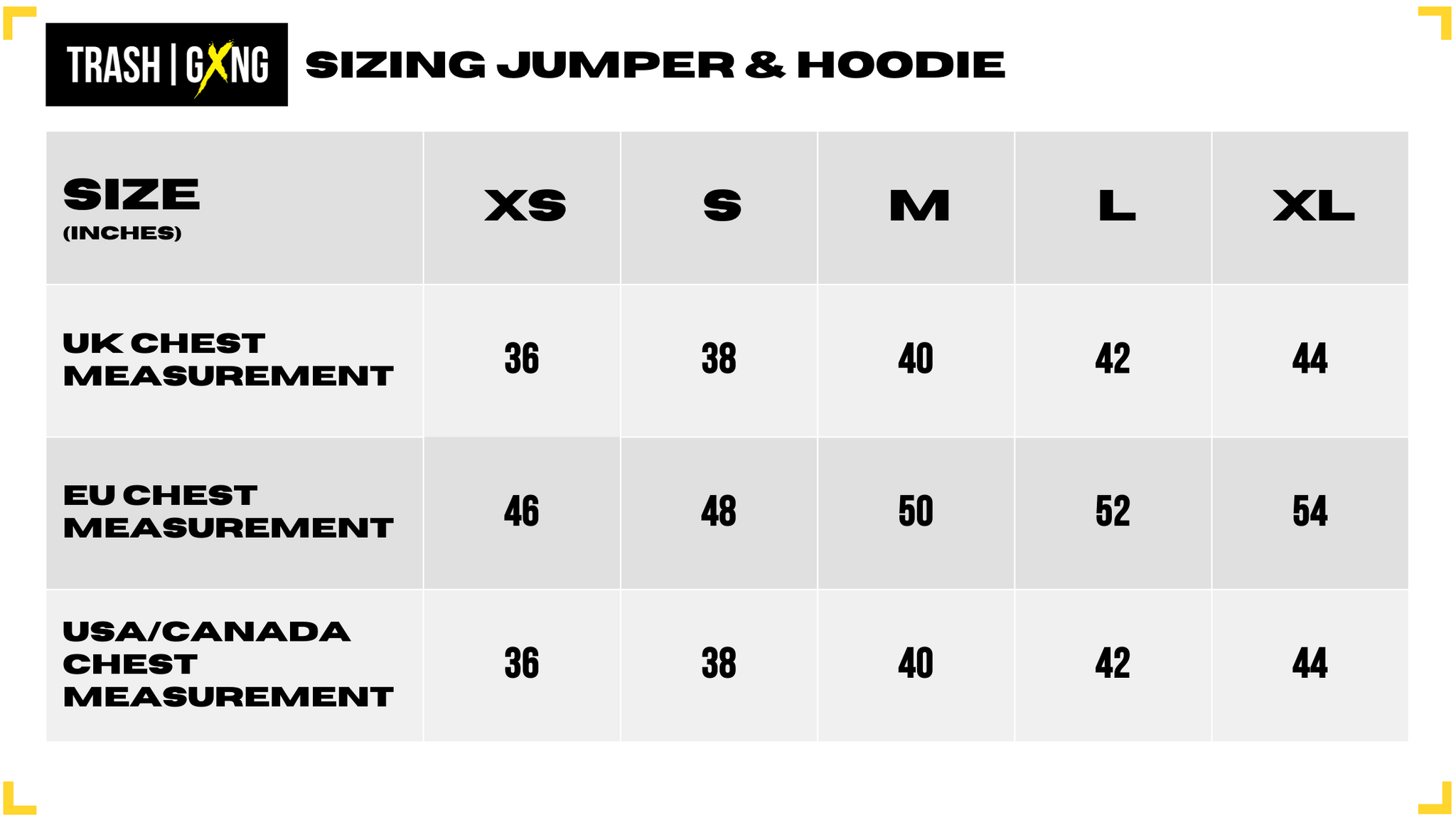 Jumpers and hoodies size guide