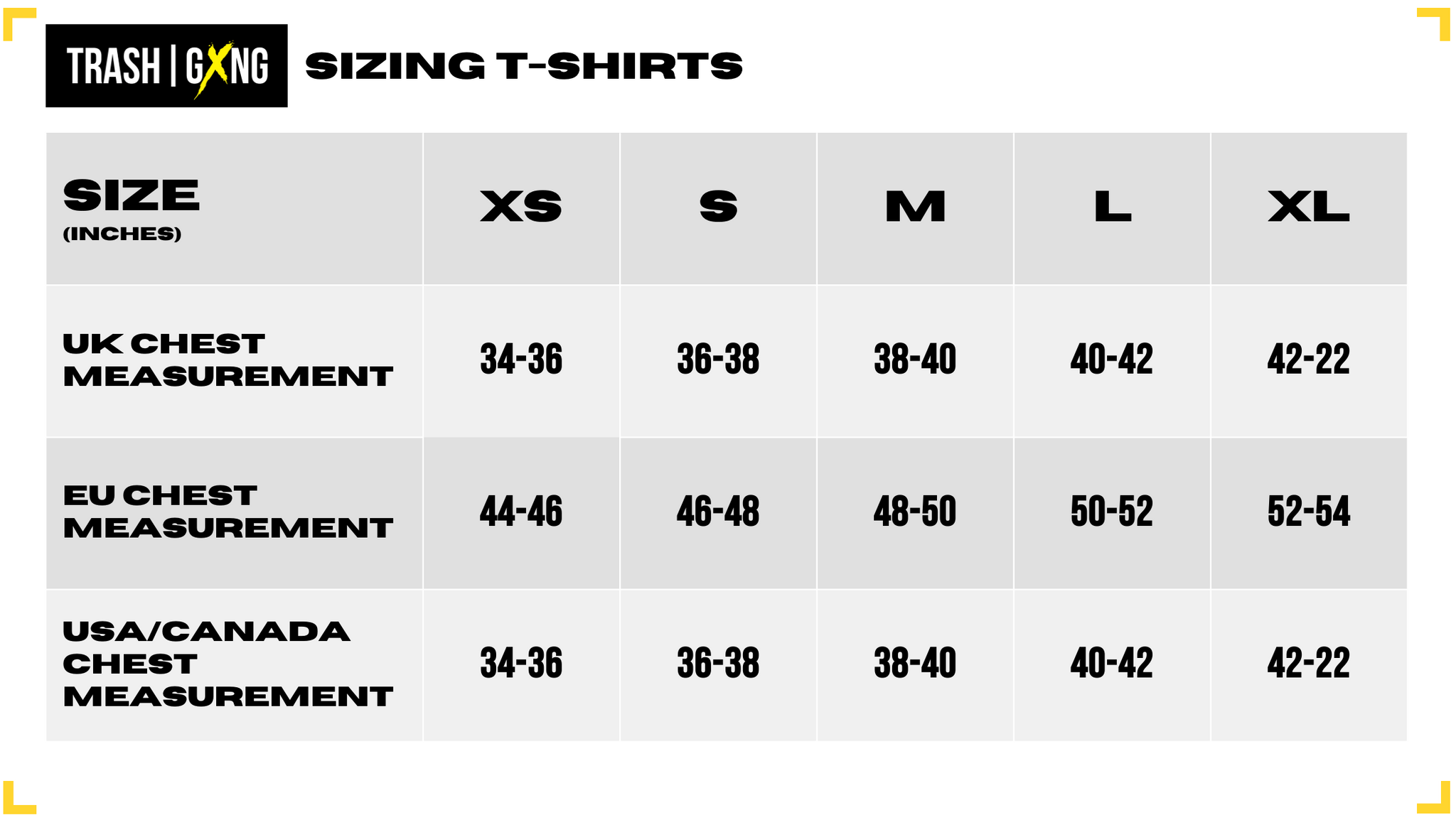 Tshirts size guide