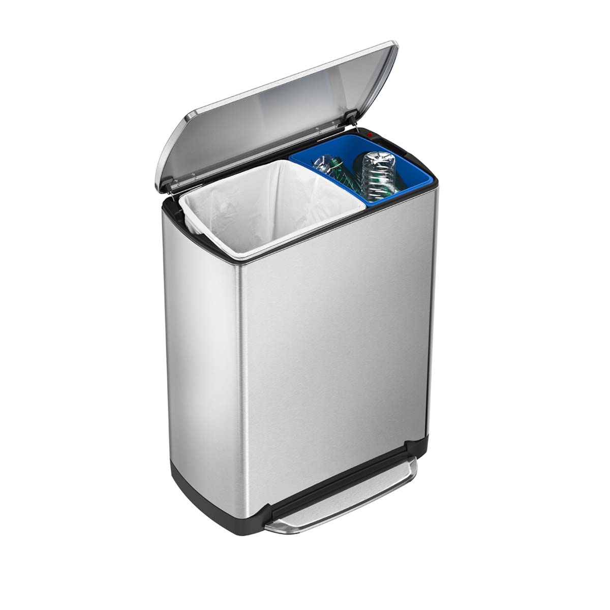 simplehuman Rectangular Dual Compartment Recycling Kitchen Step Trash Can,  46 Liter, Brushed Stainless Steel