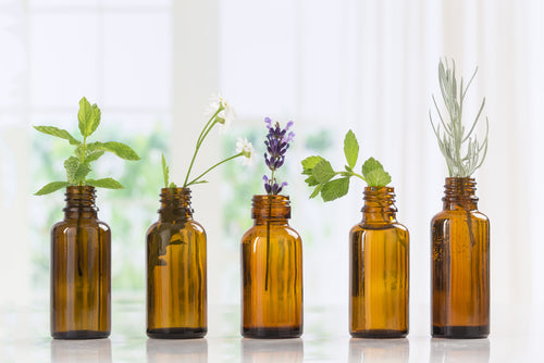 brown essential oil bottles with herbs