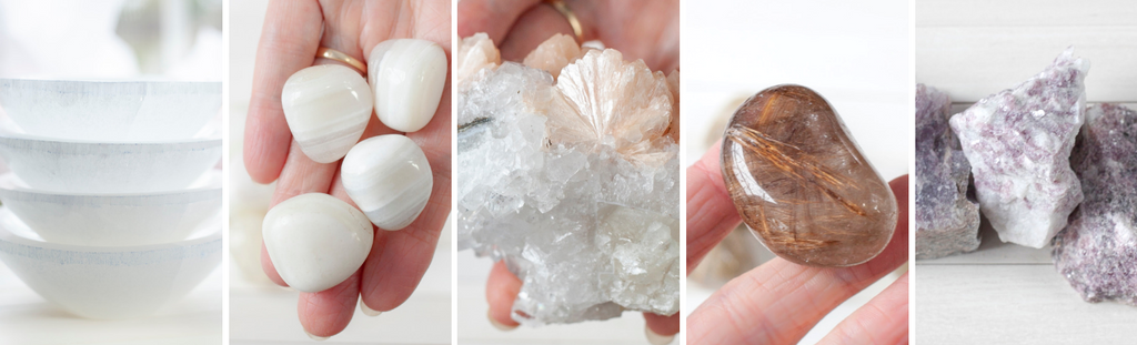 stones for the crown chakra, selenite, white agate, apophyllite, rutilated quartz and lepidolite