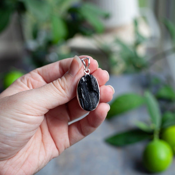 Raw Black Tourmaline Pendant, Sterling Silver