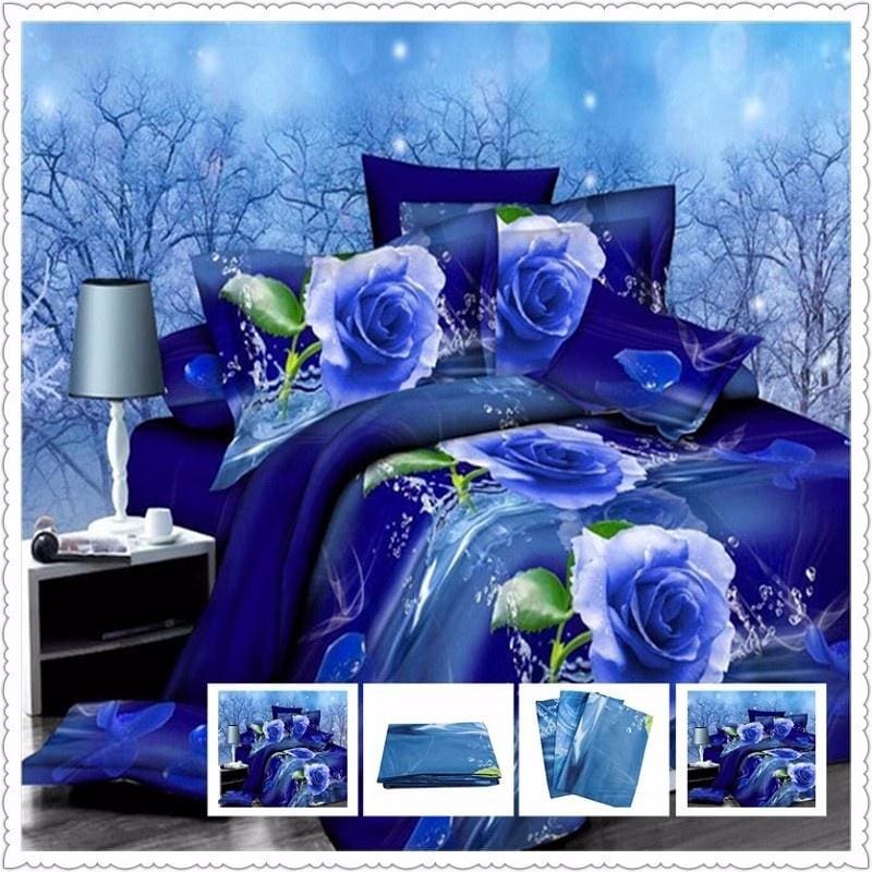 Fashion 3d Blue Rose Bed Set Single Double Size 1 5 1 8m Suit