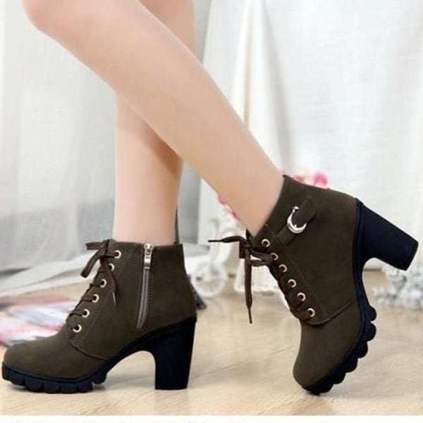 Girl High Top Heel Lace Up Buckle Ankle Boots Winter Pumps Suede Shoes He